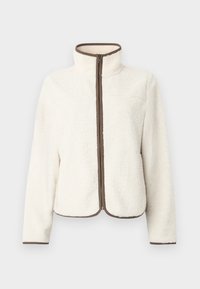 Fleece jack, off-white met een zachte textuur, hoge kraag en een bruine rits. Heeft een rechte snit en een contrasterende bruine bies langs de randen.
