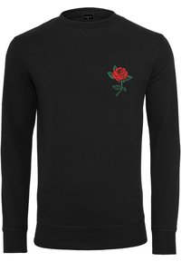 Sweat-shirt noir avec une broderie de rose rouge sur la poitrine gauche, col rond et manches longues, confectionné en tissu doux.