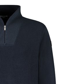 Navyblauer Halbzip-Pullover aus strukturiertem Stoff mit einem gerippten Muster auf der Vorderseite und glatten Ärmeln. Mit silbernem Reißverschluss.