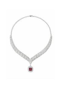 Silver necklace with a wide, woven design, featuring small clear stones and a central ruby surrounded by a textured, scalloped frame.