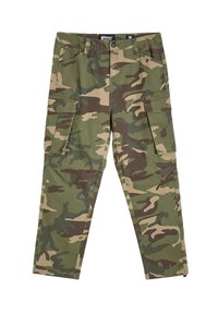 Spodnie cargo w kamuflażu, w kolorach zielonym, brązowym i beżowym, z czterema kieszeniami i prostym krojem. Wykonane z trwałego materiału.