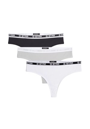 Three ribbed thong underwear in black, gray, and white with G-Star branded elastic waistbands stacked vertically.