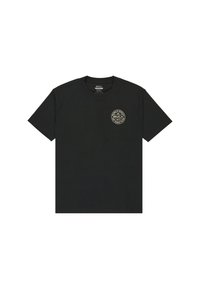 Schwarzes Baumwoll-T-Shirt mit kurzen Ärmeln, Rundhalsausschnitt und einem kleinen, runden RVCA-Logo in Weiß und Beige auf der linken Brust.