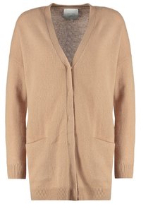 Cardigan en maille beige à manches longues avec deux poches avant et poignets et ourlet côtelés, ouverture devant.