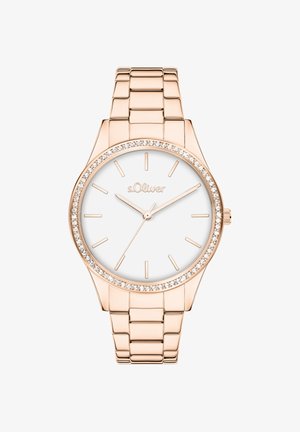 Orologio s.Oliver color oro rosa con cinturino metallico liscio, quadrante rotondo bianco, indici orari minimalisti e lunetta incastonata di cristalli.