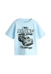 Light blue cotton t-shirt featuring a racing car graphic, black text reading "RACING DRIVER" and "321..let's go!", and short sleeves.