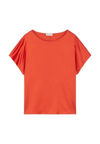 Red short-sleeve top in smooth fabric with a wide, rounded neckline and relaxed fit. No visible patterns or hardware details.