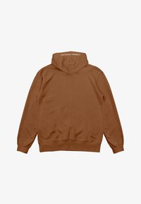 Felpa con cappuccio marrone, tessuto morbido, vestibilità comoda, polsini e orlo a coste, presenta un piccolo logo sul retro vicino al collo.