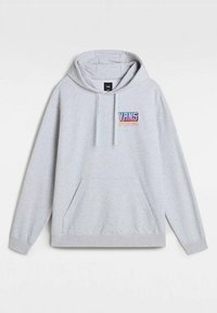 Grijze katoenen hoodie met een kangoeroezak, verstelbare trekkoordkap en kleurrijk "VANS OFF THE WALL" logo op de borst.
