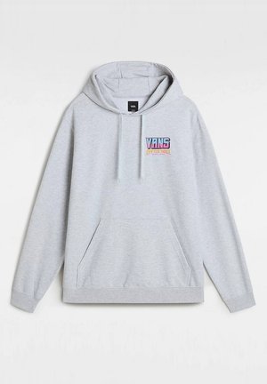 Grå bomullshoodie med kängurufickor, justerbar dragsko över huven och färgglog "VANS OFF THE WALL"-logotyp på bröstet.