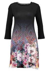Robe à manches longues avec un haut noir orné d'un dégradé imprimé floral coloré et cachemire se fondant dans une base plus claire. Texture lisse.