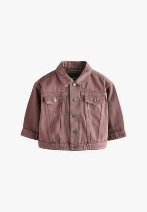 Kindermaat stofroze spijkerjasje met zilverkleurige knopen, overhemdkraag, lange mouwen en twee borstflapzakken.