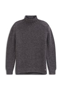 Dark gray knitted sweater with long sleeves and ribbed high neck, cuffs, and hem, laid flat on a white background.