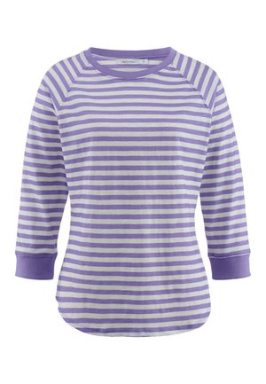Lila und weiße gestreifte Langarmbluse mit Raglanärmeln und rundem Ausschnitt. Weicher Baumwollstoff, gerippte Bündchen und Saum.