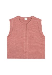 Veste tricotée à manches courtes en rose doux, avec un col rond, un devant ouvert et un point texturé. Aucun fermoir ni motif visible.