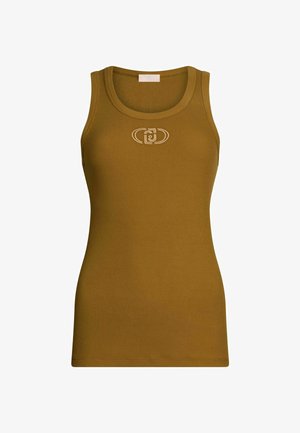 Top in misto verde oliva a costine con scollatura arrotondata e silhouette aderente. Presenta un logo ricamato bianco nell'area del petto.