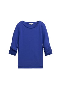 Niebieska teksturowana bluzka z długim rękawem, okrągłym dekoltem i marszczonymi rękawami, wykonana z miękkiego materiału, o prostym i czystym designie.