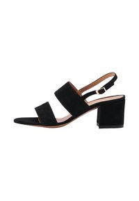 Sandalo con tacco in suede nero, con punta aperta, due fasce larghe che attraversano il piede, cinturino regolabile sul retro e tacco a blocco spesso.