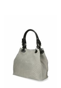 Grå vävd handväska med svarta läderhandtag. Rektangulär form, strukturerad yta och metallbeslag. Rymlig design.