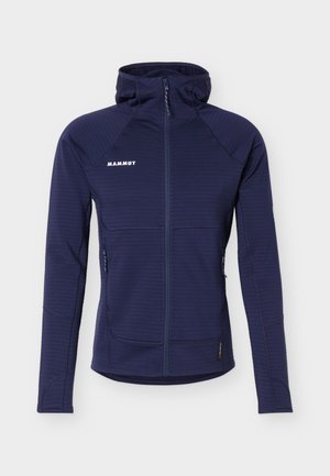 Navy blue Mammut full-zip hooded jacket with long sleeves and two zippered side pockets, displayed flat on a white background.