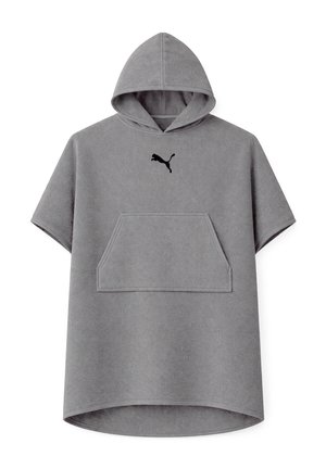 Grauer Kapuzenpullover mit kurzen Ärmeln, vorderer Kängurutasche und schwarzem Puma-Logo mittig auf der Brust.