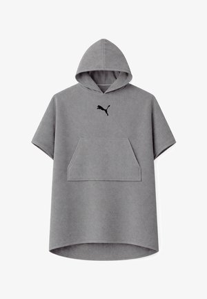 Grauer Kapuzenpullover mit kurzen Ärmeln, vorderer Kängurutasche und schwarzem Puma-Logo mittig auf der Brust.