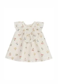 Robe en coton blanche avec un imprimé floral en rose, bleu et jaune. Un col froncé et des manches courtes apportent texture et détail. Fermeture à boutons dans le dos.