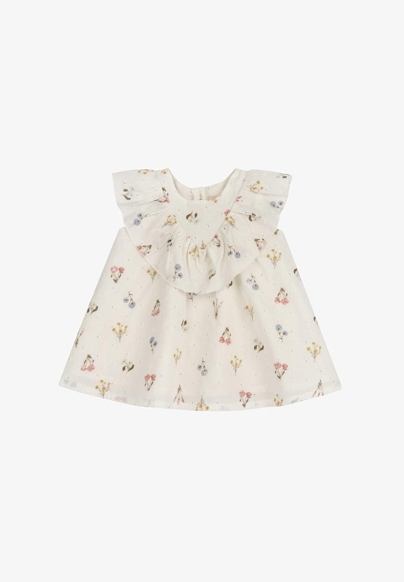 Robe en coton blanche avec un imprimé floral en rose, bleu et jaune. Un col froncé et des manches courtes apportent texture et détail. Fermeture à boutons dans le dos.