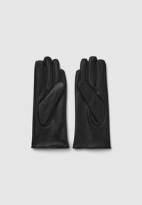 Para czarnych skórzanych rękawiczek położonych na płasko, ukazujących stronę dłoni na jasnoszarym tle.