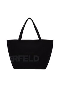 Borsa a tracolla nera con un tessuto texture, dotata di due manici lunghi e un grande logo testuale nero opaco sul fronte.