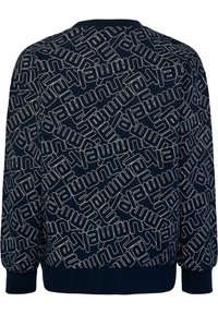 Sweat-shirt marin avec motif de texte blanc en répétition. Présente un col rond et des poignets côtelés, fabriqué à partir d'un tissu doux et texturé.