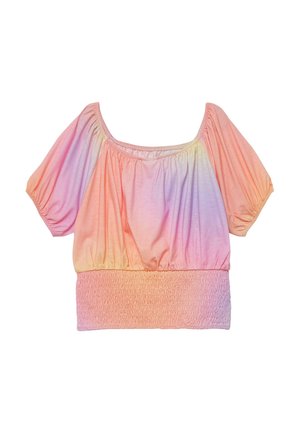 Off-shoulder, short-sleeve blouse with smocked hem in a pastel gradient of pink, peach, yellow, and lavender colors.