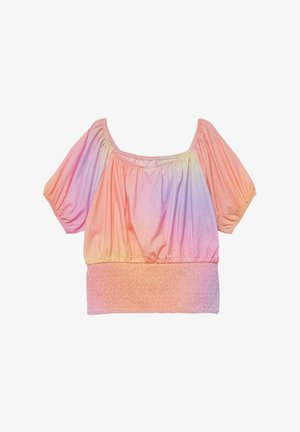 Blouse à manches courtes et épaules dénudées avec ourlet froncé, dans un dégradé pastel de rose, pêche, jaune et lavande.