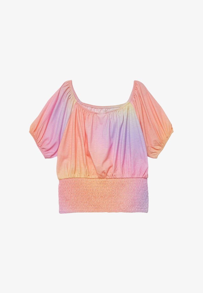 Blouse à manches courtes et épaules dénudées avec ourlet froncé, dans un dégradé pastel de rose, pêche, jaune et lavande.