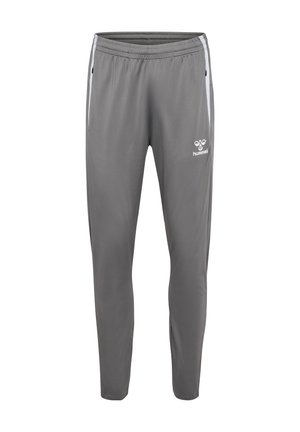 Grijze sportbroek van gladde stof, met een elastische tailleband, contrasterende witte zijkosten en een logo aan de voorkant.