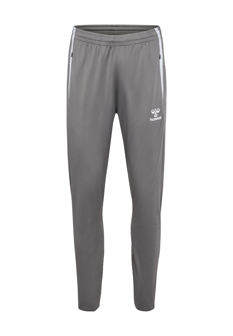 Grau Sporthosen aus glattem Stoff mit einem elastischen Bund, kontrastierenden weißen Seitenstreifen und einem Logo auf der Vorderseite.