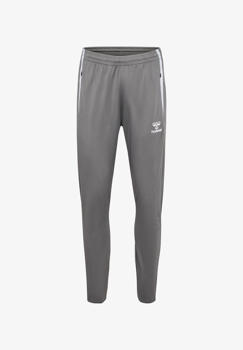 Grau Sporthosen aus glattem Stoff mit einem elastischen Bund, kontrastierenden weißen Seitenstreifen und einem Logo auf der Vorderseite.