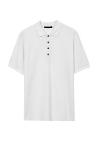 Polo bianco realizzato in tessuto testurizzato, con colletto classico, maniche corte e cinque bottoni scuri lungo la pattina.
