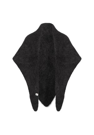 Black fuzzy triangular shawl with pointed ends and a small white brand tag near one corner.