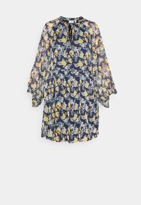 Květinové šaty z námořnického průhledného materiálu, s žlutými a fialovými květinovými vzory, dlouhými nafouknut ými rukávy, zavazováním u krku a skládáním na sukni.