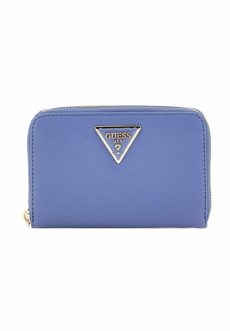 Portafoglio in ecopelle blu con finitura testurizzata, caratterizzato da un dettaglio a logo triangolare dorato e chiusura con zip. Forma rettangolare compatta.