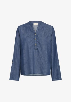 Košulja dugih rukava od plavog denima s mandarin ovratnikom i četiri gumba sprijeda, s gumbima na rukavima za podizanje.