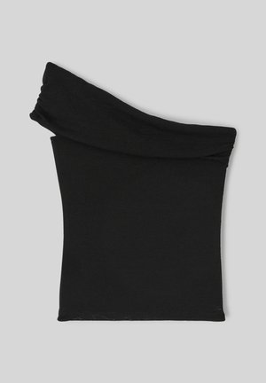 Haut noir à épaules dénudées fabriqué en tissu doux. Présente un décolleté drapé, un torse ajusté et une texture lisse sans motifs ni accents visibles.