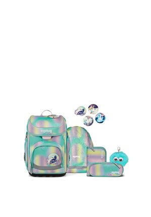 A holographic backpack set featuring a spacious main compartment, bubble pattern, and unicorn graphic, includes a pencil case, smaller bag, and keychain.