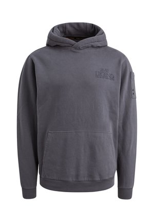 Šedá mikina s kapucí a přední kapsou, texturovaná látka, velká kapuce a vyšívané logo na hrudi. Hladké manžety a lem.