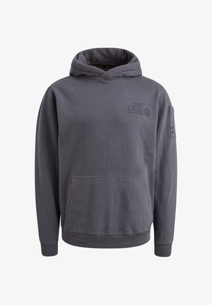 Šedá mikina s kapucí a přední kapsou, texturovaná látka, velká kapuce a vyšívané logo na hrudi. Hladké manžety a lem.