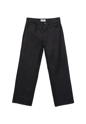 Jeans in denim neri a gamba dritta con tasche anteriori, passanti per cintura e chiusura con bottone in vita.