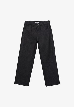 Črni trdi jeans z ravnimi nogavicami, sprednjimi žepi, zankami za pas in gumbom za zapiranje v pasu.
