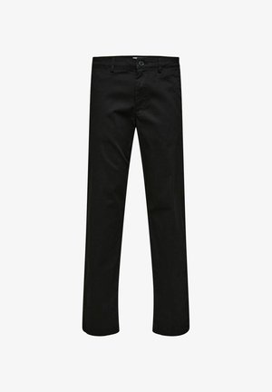 Black cotton trousers with a straight cut, front pockets, and a button closure. Smooth texture and no visible patterns.