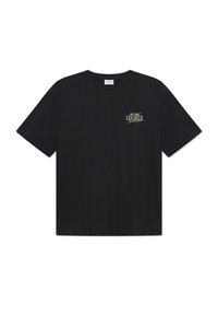 Tricou din bumbac negru, cu mâneci scurte, guler rotund și un mic logo alb pe partea stângă a pieptului, având un design minimalistic.
